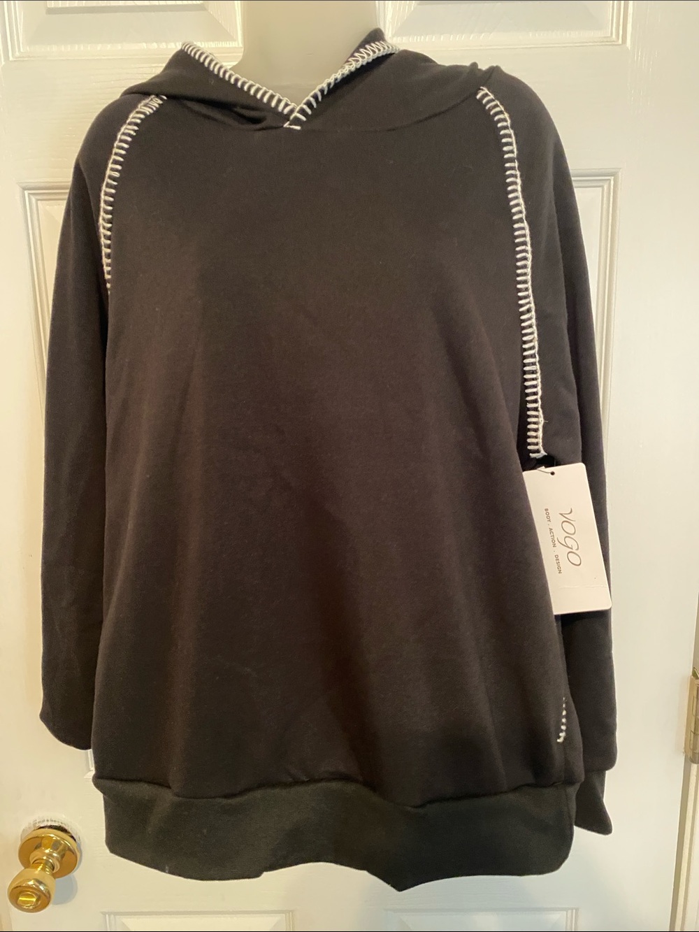 VOGO Athletica Black Hooded Sweater with White Whipstitch Trim
